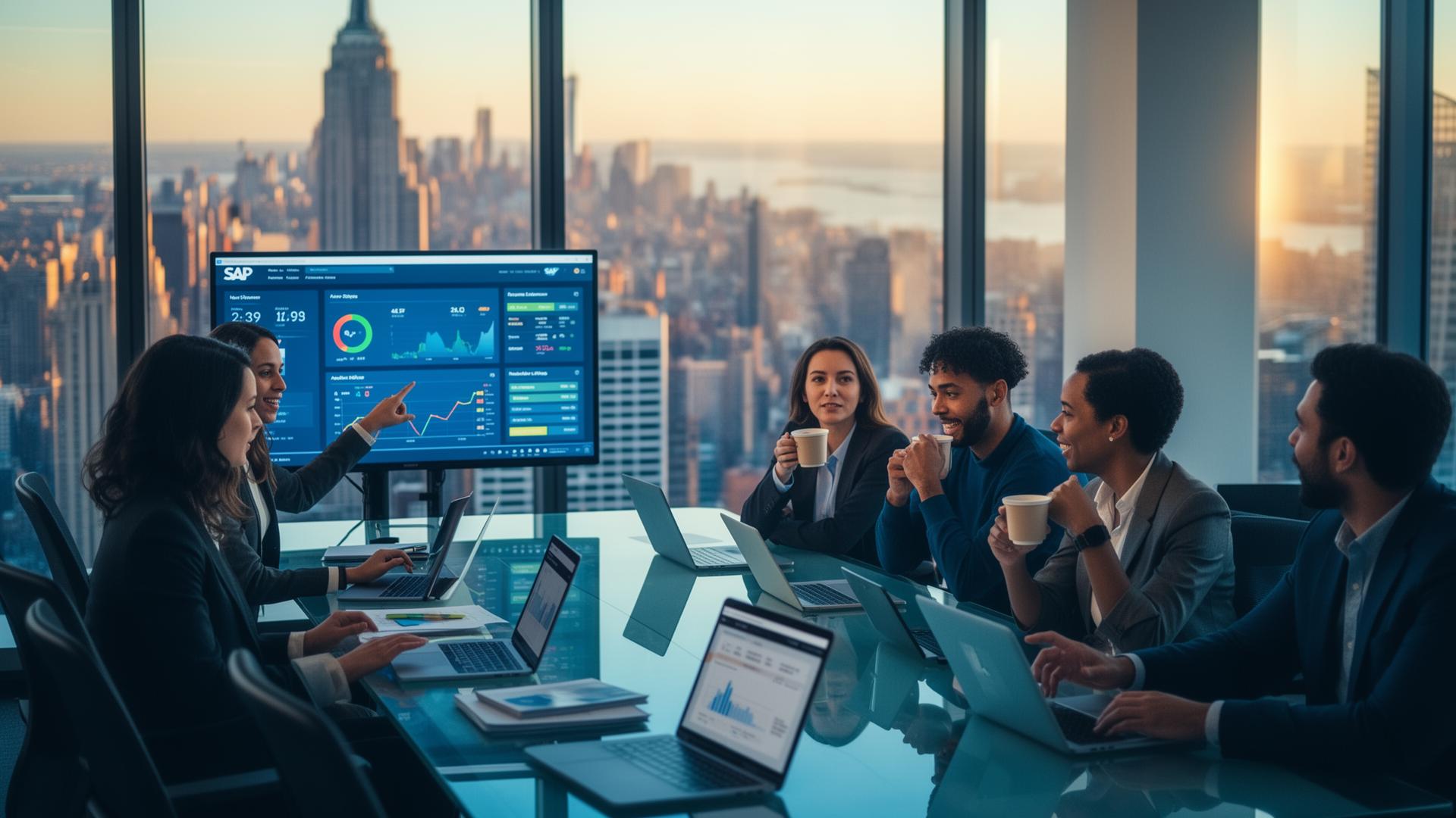Senior SAP consultants reviewing an enterprise SAP support program in a New York office